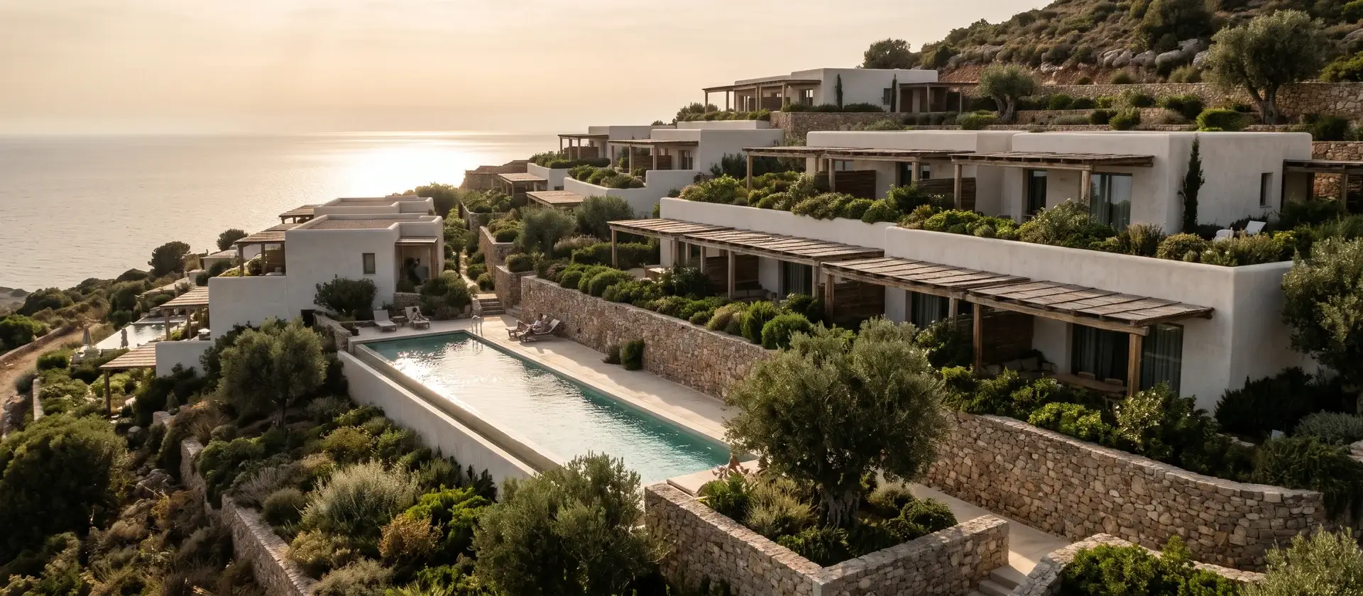 Complejo de apartamentos turísticos de baja altura en terrazas sobre la ladera, con piscina y jardines mediterráneos frente al mar, imagen ilustrativa