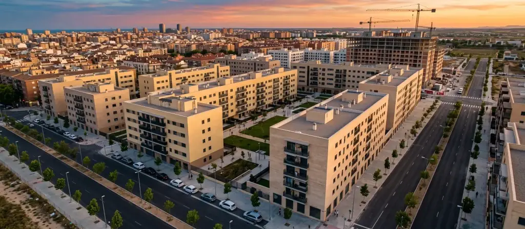 Vista aérea de un barrio nuevo de Madrid al atardecer con bloques residenciales contemporáneos y grúas de obra, imagen ilustrativa del crecimiento del Alojamiento Flexible