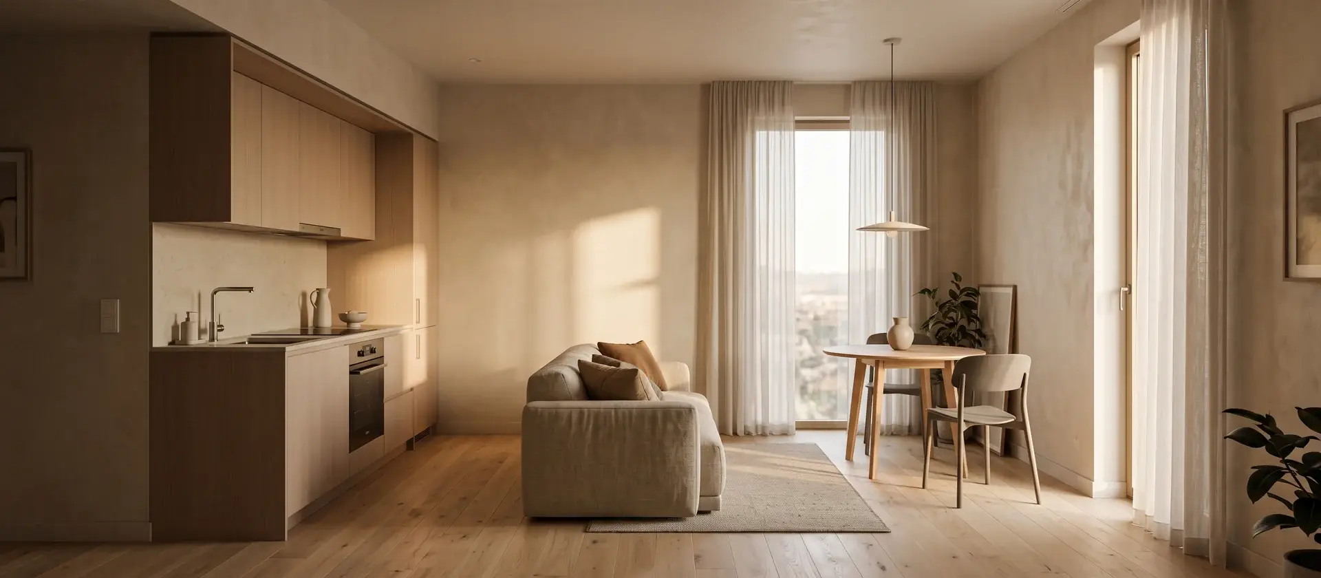 Suite contemporánea de un apartahotel con cocina integrada, zona de estar y luz natural, imagen ilustrativa del modelo de Alojamiento Flexible de gestión digital