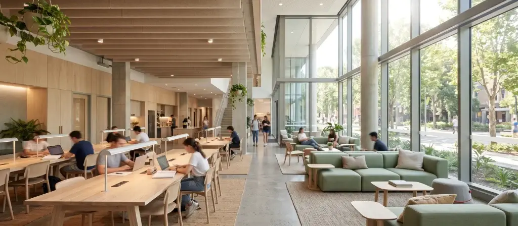 Zona común de una residencia universitaria contemporánea con mesas de estudio y sofás junto a grandes ventanales, imagen ilustrativa del grupo de residencias y Alojamiento Flexible