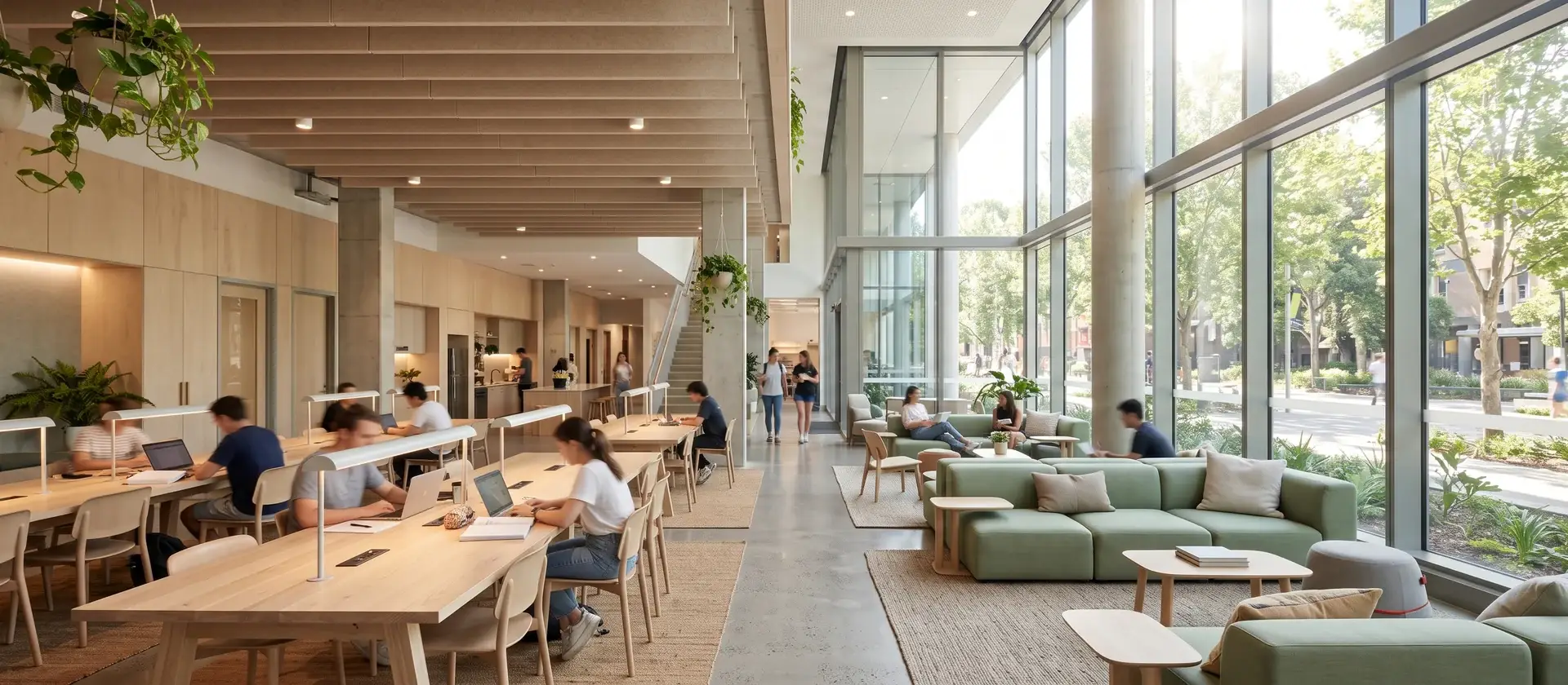 Zona común de una residencia universitaria contemporánea con mesas de estudio y sofás junto a grandes ventanales, imagen ilustrativa del grupo de residencias y Alojamiento Flexible