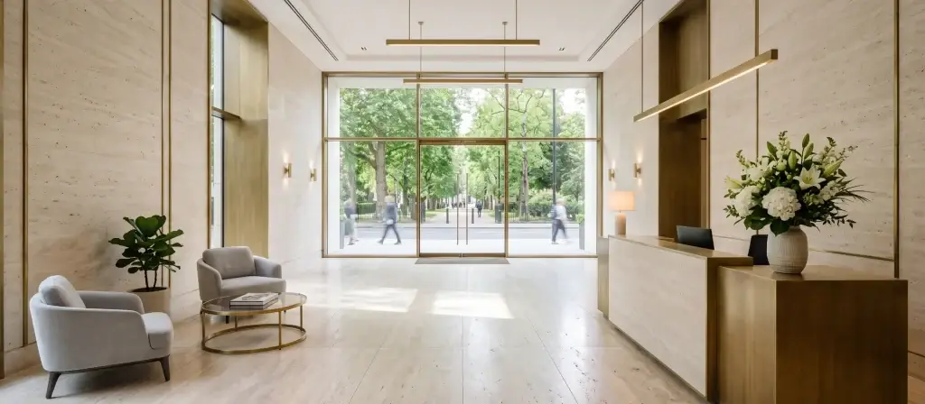 Vestíbulo de un edificio residencial de lujo con mostrador de conserjería, mármol claro y grandes ventanales a una avenida arbolada, imagen ilustrativa de las residencias de marca