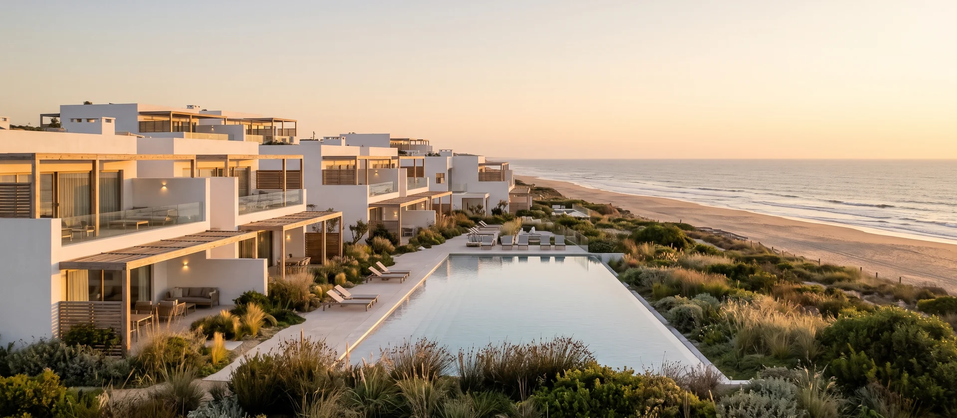 Complejo residencial de baja altura junto a una playa atlántica con piscina y jardines al atardecer, imagen ilustrativa de las residencias de marca en la costa del Algarve