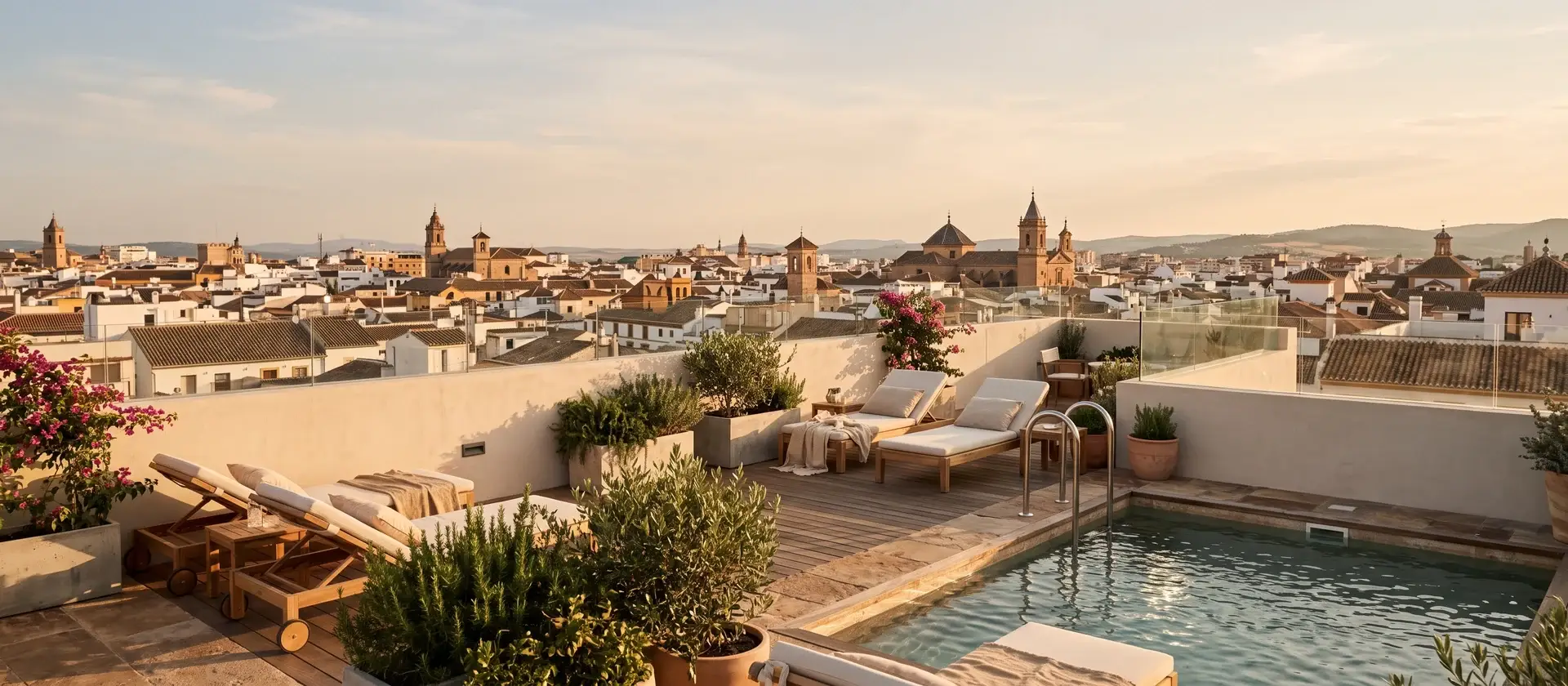 Azotea de un edificio de alojamiento contemporáneo con piscina y tumbonas sobre los tejados de una ciudad española al atardecer, imagen ilustrativa