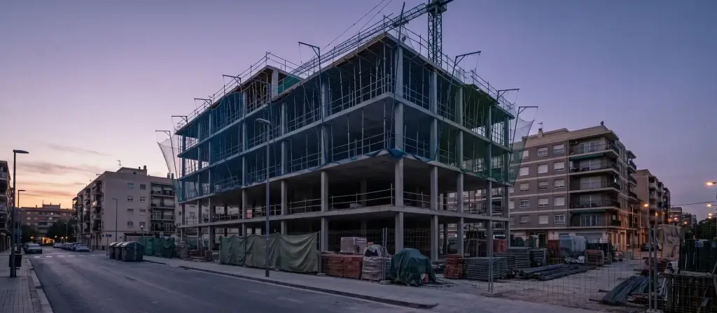 Edificio de alojamiento flexible en construcción con grúa y andamios en una ciudad española al atardecer, imagen ilustrativa del freno de las inversiones